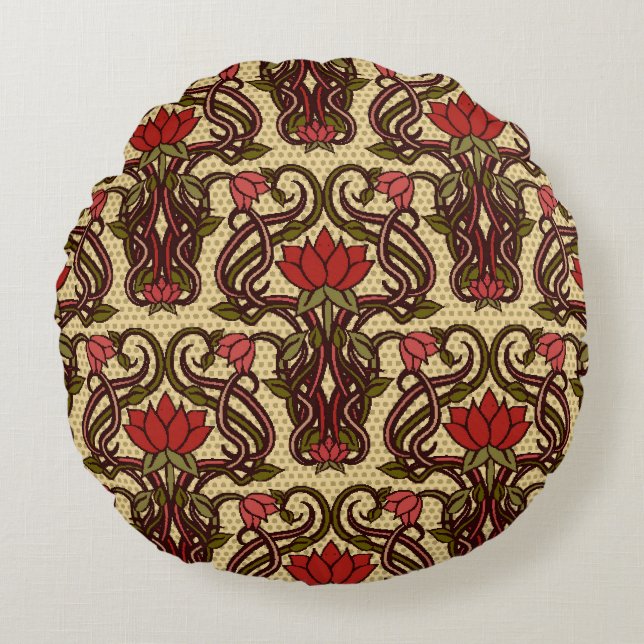 Cojín Redondo Papel de flores de estilo Art Nouveau. (Anverso)