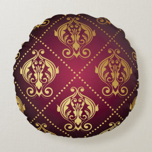 Cojín Redondo Papel de fondo maroon Gold Ornament Vintage