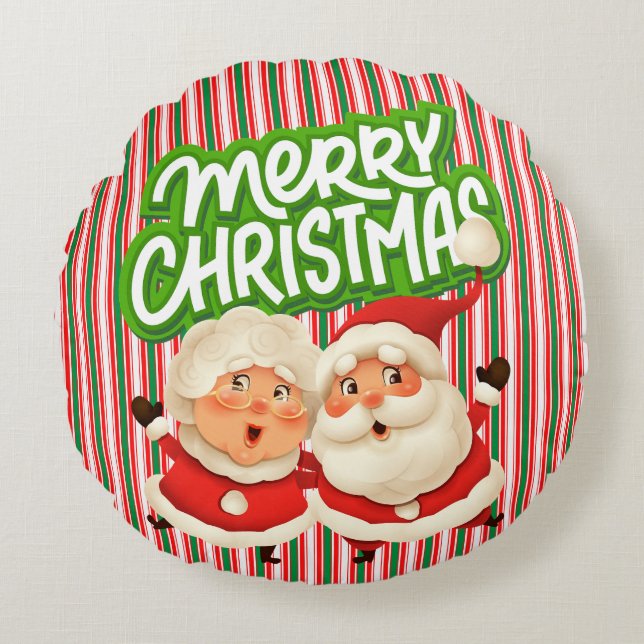 Cojín Redondo Papel de regalo de Feliz Navidad Sr Sra Claus (Anverso)