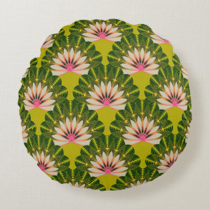 Cojín Redondo Papel estilizado de loto: rosa, verde.