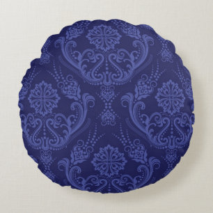 Cojín Redondo Papel pintado floral azul de lujo del damasco