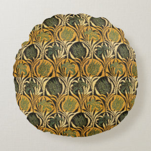 Cojín Redondo Papel pintado vintage de tulipán y lirio dorado de