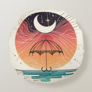 Cojín Redondo Paraguas de Luna Celestial con Arte de Lluvia de E