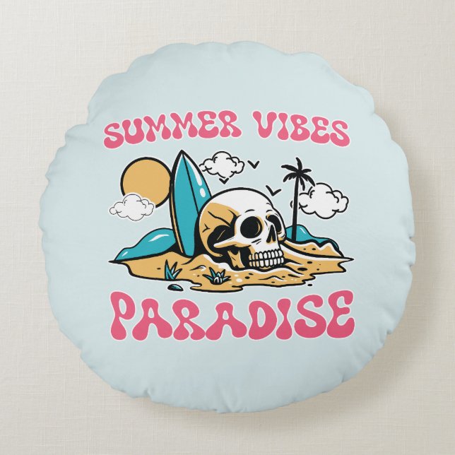 Cojín Redondo Paraíso de las vibraciones de verano - Calavera (Anverso)