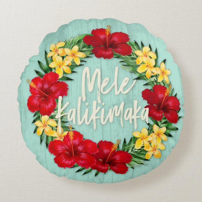 Cojín Redondo Paraíso tropical Hawái Madera Wreath (Anverso)