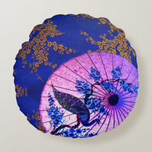 Cojín Redondo Parasol oriental pavo real, flores de cerezo japon