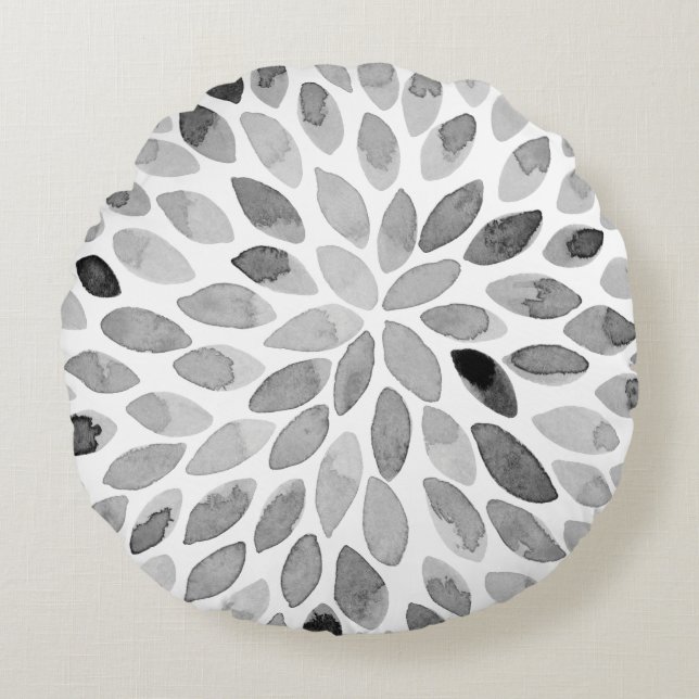 Cojín Redondo Paredes de brocha acuarela - blanco y negro (Anverso)
