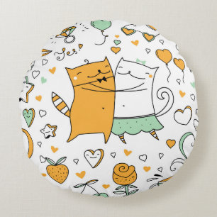 Cojín Redondo Pareja de gatos vintage: iconos sin costura.