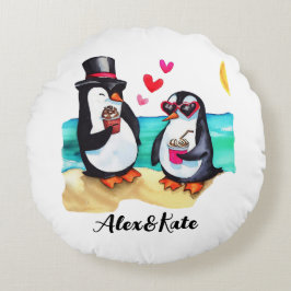 Cojín Redondo Pareja de pingüinos divertidos, animales enamorado