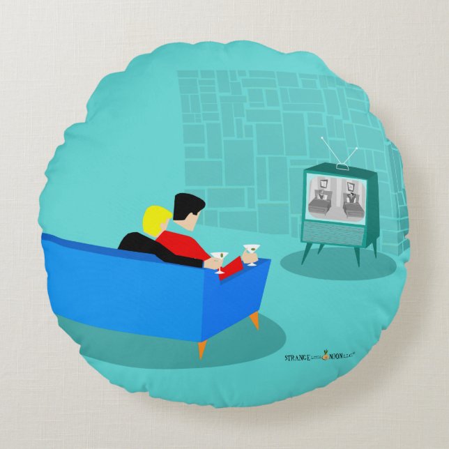 Cojín Redondo Pareja gay retro viendo la tele redonda de almohad (Anverso)