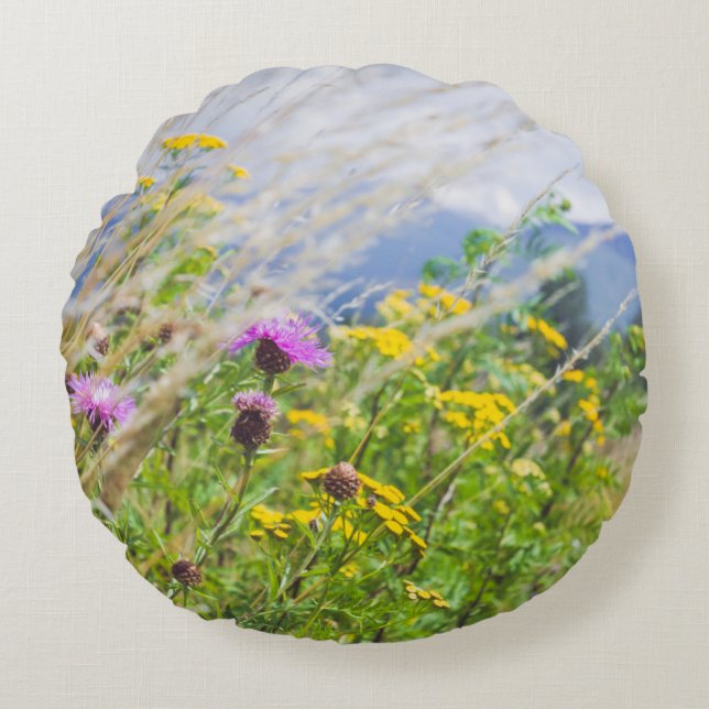 Cojín Redondo Paro de flores silvestres de verano (Anverso)