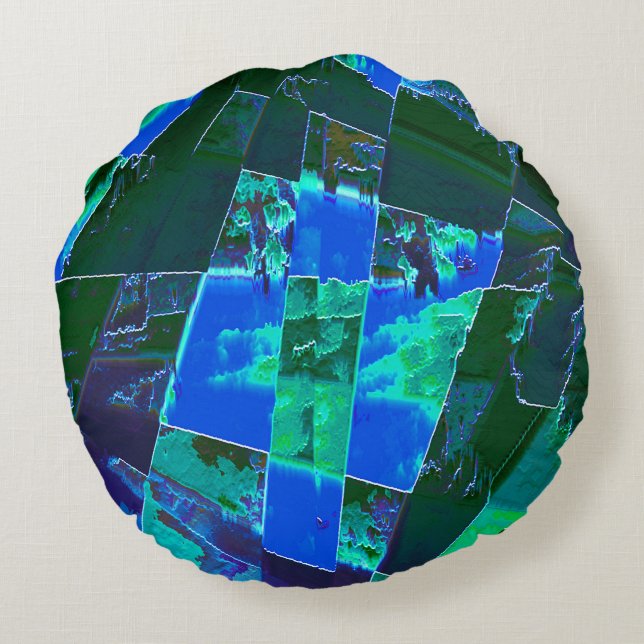 Cojín Redondo Partes de pasteles verdes abstractas y cielo azul, (Reverso)