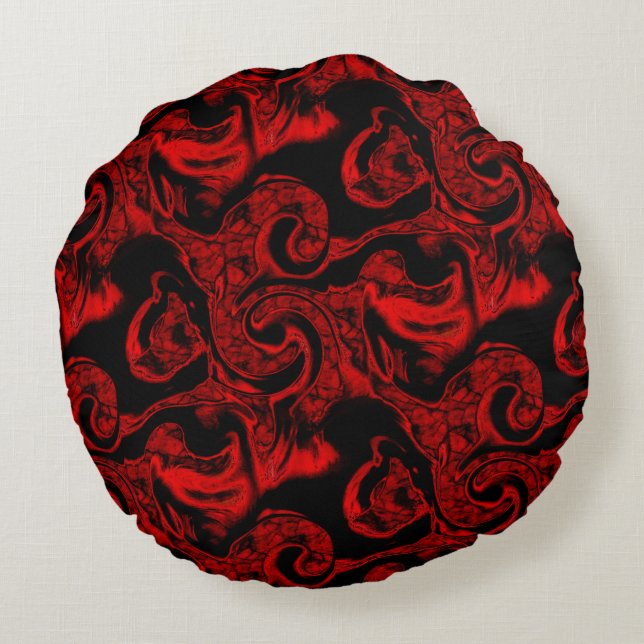 Cojín Redondo Partes espirales rojas muy manchadas sobre fondo n (Reverso)