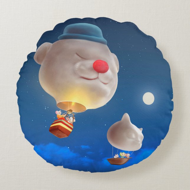 Cojín Redondo Paseo en Globo Soñador: Bichon Sonriente en Globo  (Anverso)
