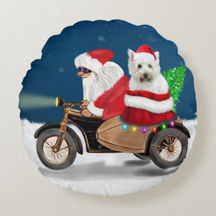 Cojín Redondo Paseo festivo de Westie: Santa Claus en motociclet