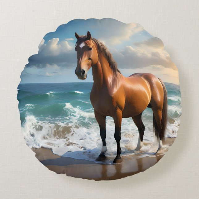 Cojín Redondo **"Paseo majestuoso: Orgulloso caballo marrón en l (Anverso)