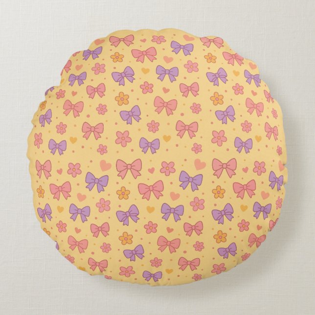 Cojín Redondo Pastel Bows & Flowers Pattern – Cute Yellow Girly  (Anverso)