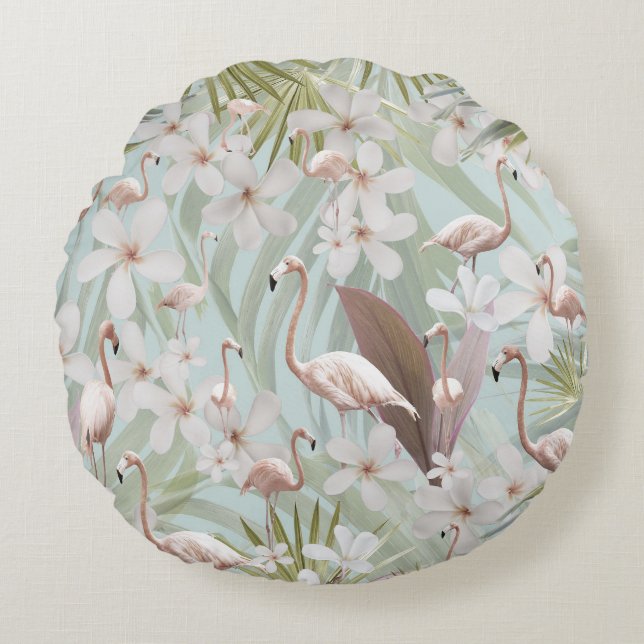 Cojín Redondo Pastel Flamingo Jungle Love #1 #tropical #wall (Anverso)