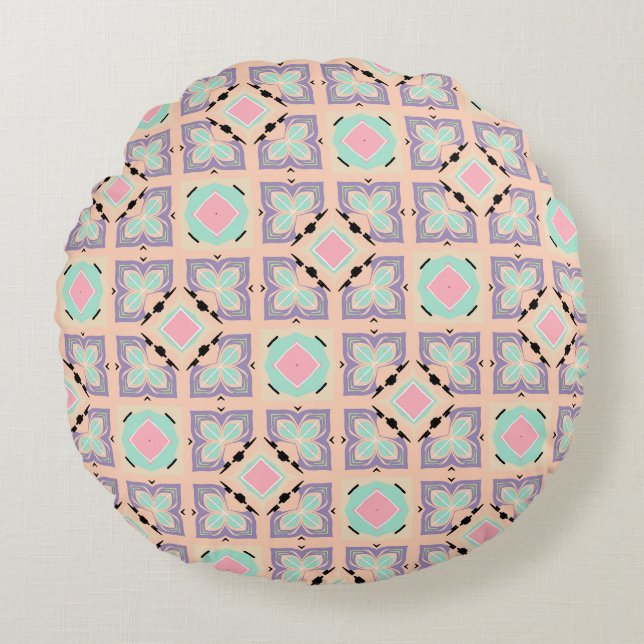 Cojín Redondo Pastel Geometric Tile Pattern | Pink Mint Purple  (Anverso)