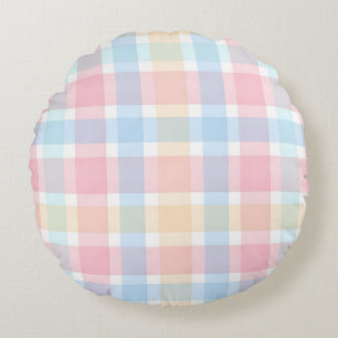 Cojín Redondo Pastel Gingham – Suave Patrón de Acuarela