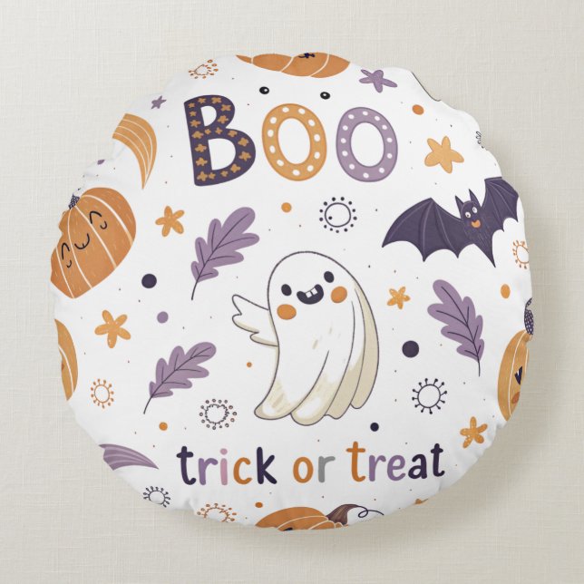Cojín Redondo Pastel Halloween Round Pillow – Boo & Ghosts (Anverso)