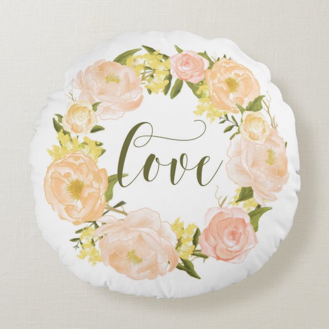 Cojín Redondo Pastel Naranja Peonies Wreath | Letras de amor (Anverso)