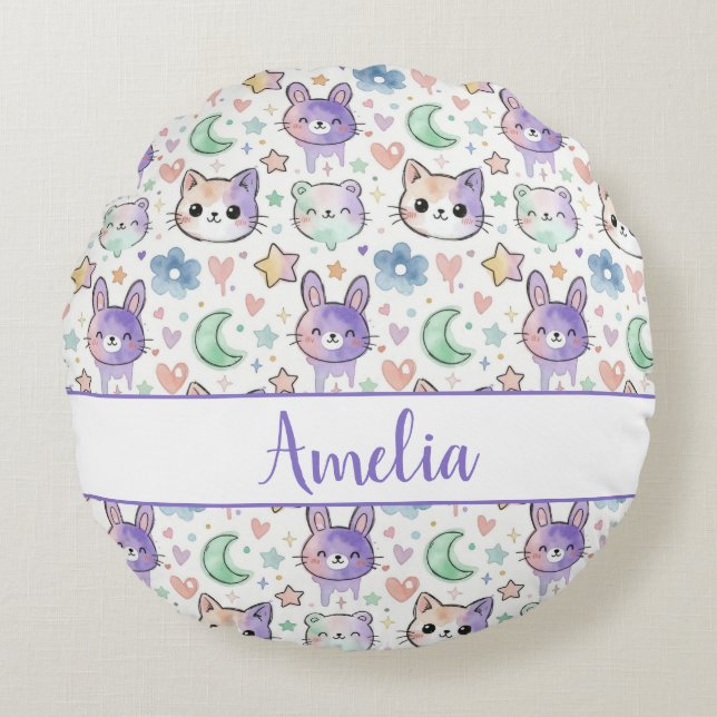 Cojín Redondo Pastel Personalizado Kawaii Animal (Anverso)