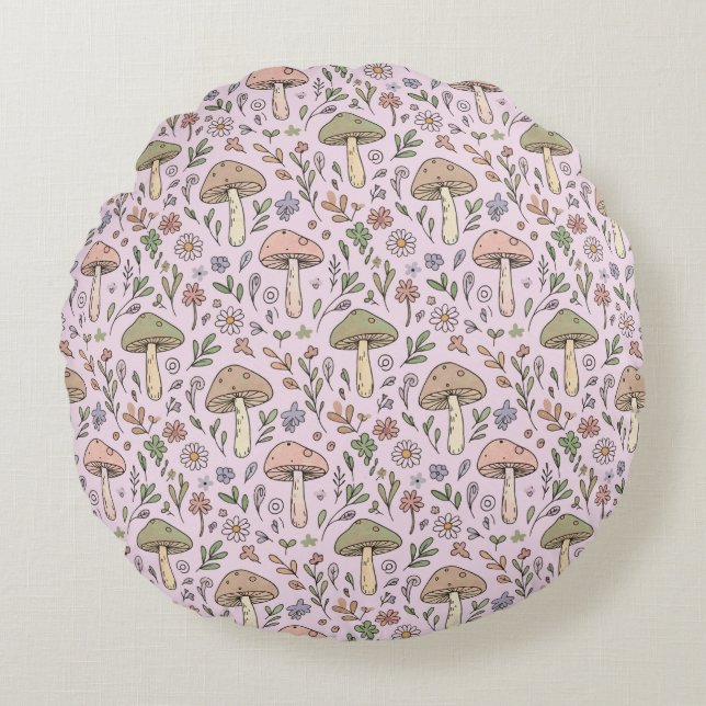 Cojín Redondo Pastel Pink Cottagecore Fungi Seamless Pattern (Anverso)