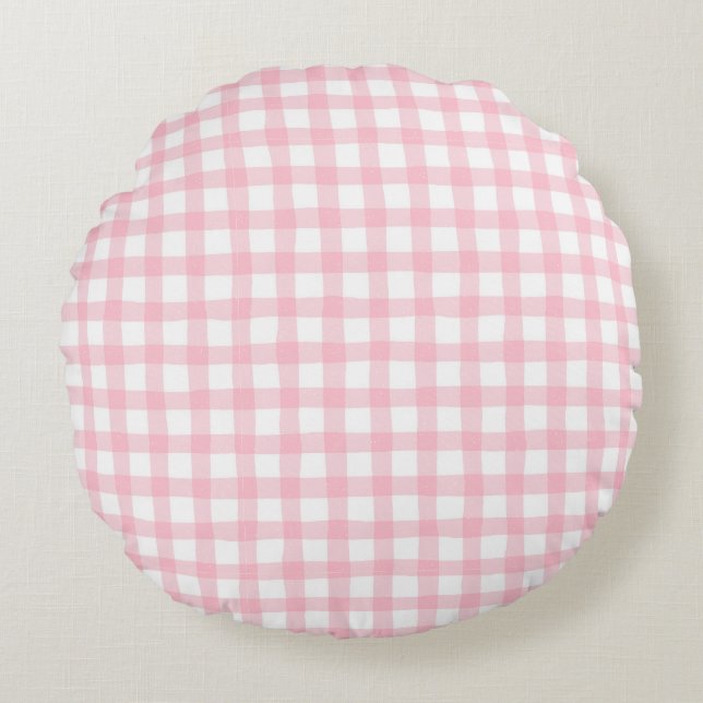 Cojín Redondo Pastel Pink Plaid – Soft Aesthetic Seamless (Anverso)