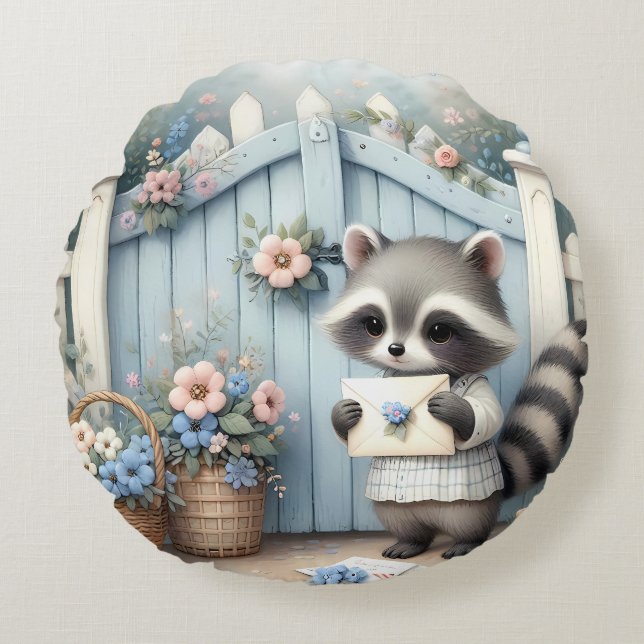 Cojín Redondo Pastel Raccoon Letter Garden (Anverso)
