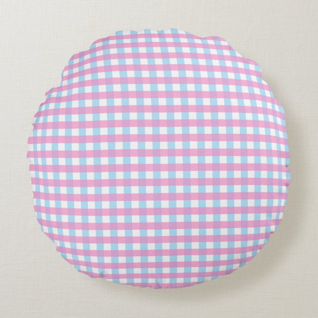 Cojín Redondo Pastel rosa Azul Gingham Plaid (Anverso)