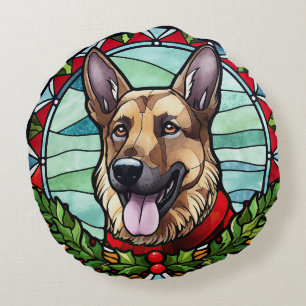 Cojín Redondo Pastor Alemán Vidrio Pintado Navidad
