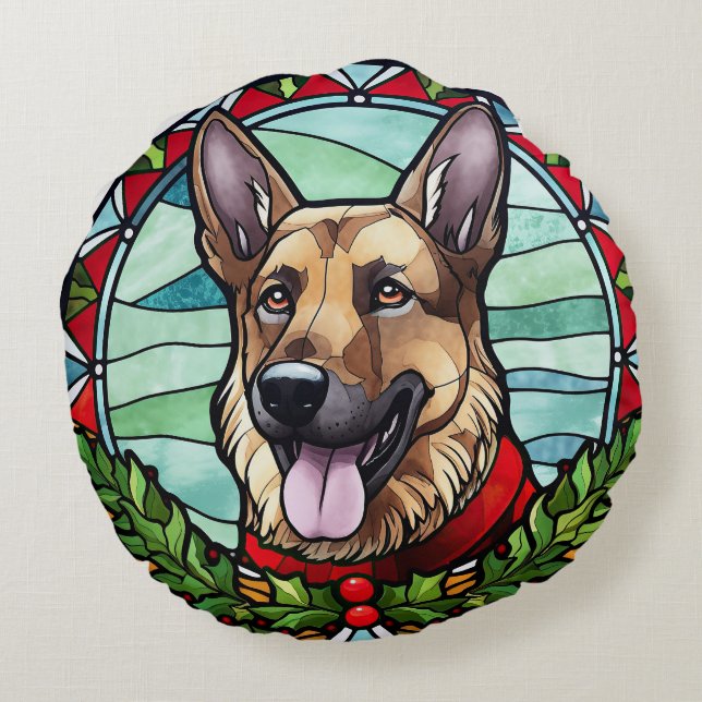 Cojín Redondo Pastor Alemán Vidrio Pintado Navidad (Reverso)