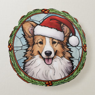 Cojín Redondo Pastor de Shetland Vidrio Pintado Navidad