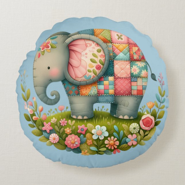 Cojín Redondo Patchwork Elephant Floral Meadow Charm (Anverso)