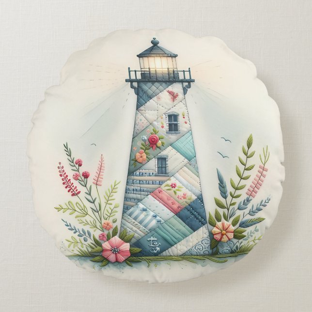 Cojín Redondo Patchwork Lighthouse Coastal Floral Scene (Anverso)