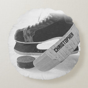Cojín Redondo Patines negros de hockey personalizados