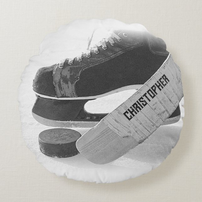 Cojín Redondo Patines negros de hockey personalizados (Anverso)