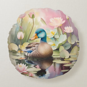 Cojín Redondo Pato de pintura acuarela sobre un estanque
