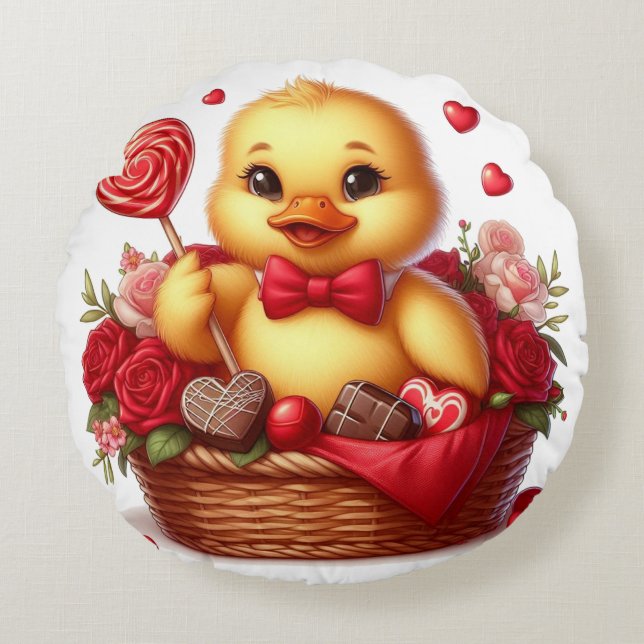 Cojín Redondo Pato El día de San Valentín cúrito/blanco (Anverso)