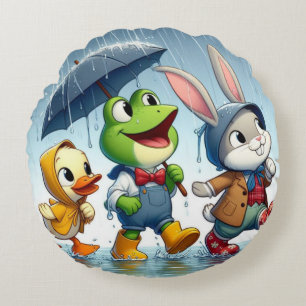 Cojín Redondo Pato lindo, rana, conejito bajo la lluvia