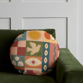 Cojín Redondo Patrocinio celeste bohemio con símbolos místicos