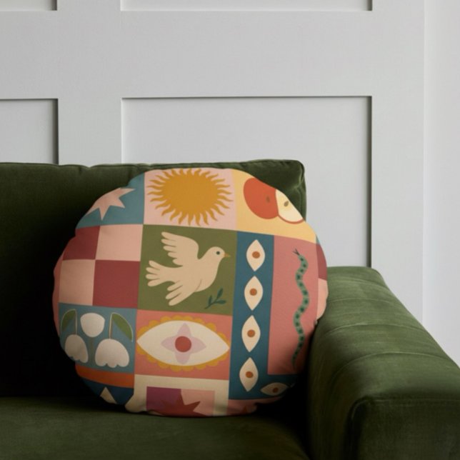 Cojín Redondo Patrocinio celeste bohemio con símbolos místicos (Subido por el creador)