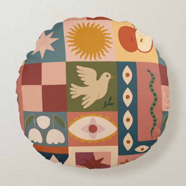 Cojín Redondo Patrocinio celeste bohemio con símbolos místicos (Anverso)