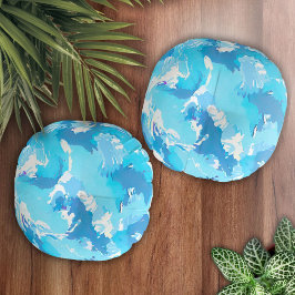 Cojín Redondo Patrón abstracto de líquido azul claro y blanco