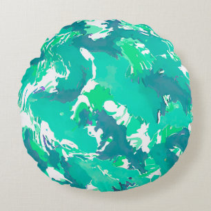 Cojín Redondo Patrón abstracto de líquido turquesa y blanco