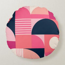 Cojín Redondo Patrón abstracto geométrico vibrante con rosa y az