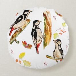 Cojín Redondo Patrón acuarela con pájaros carpinteros