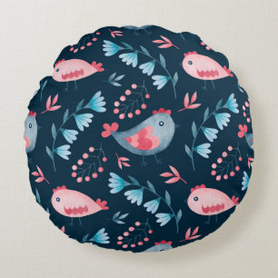 Cojín Redondo Patrón acuarela transparente de pollos flores en