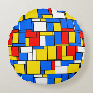 Cojín Redondo Patrón amarillo rojo azul de inspiración mondriana